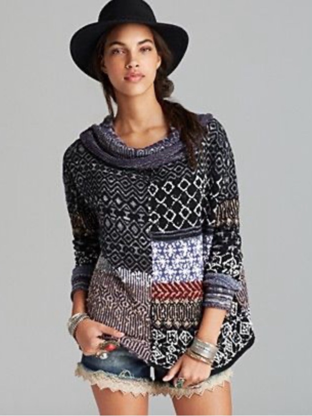 Free People Black Multi Patchwork Cowl-Neck Sweater